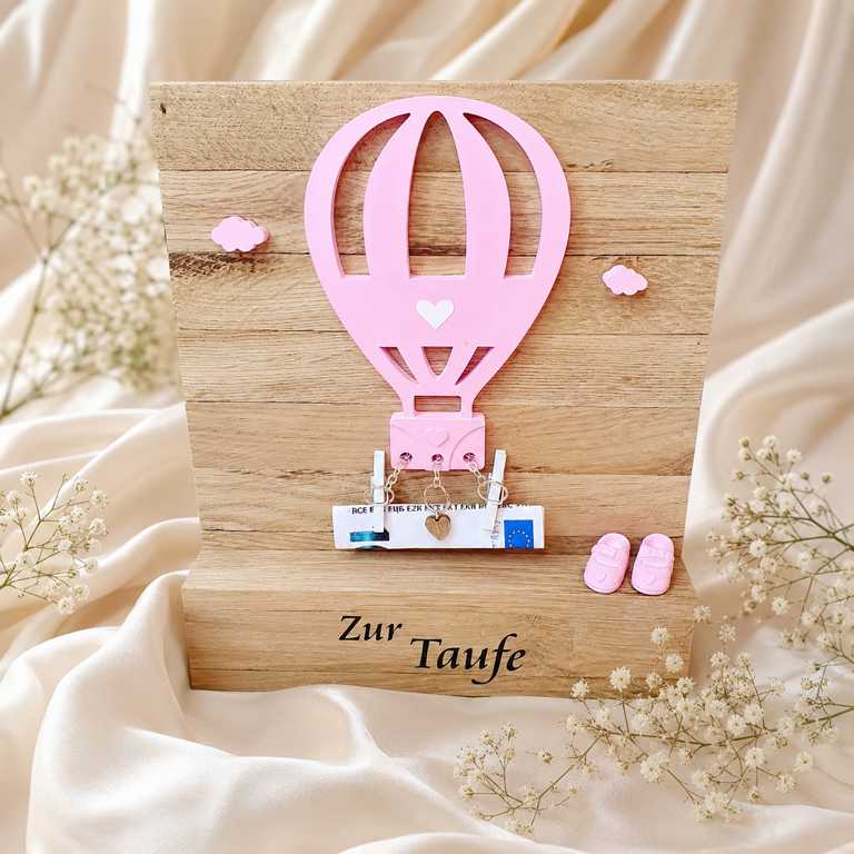 Personalisiertes Geldgeschenk zur Taufe aus Holz mit Pinkem Heißluftballon und Wunschname für Mädchen