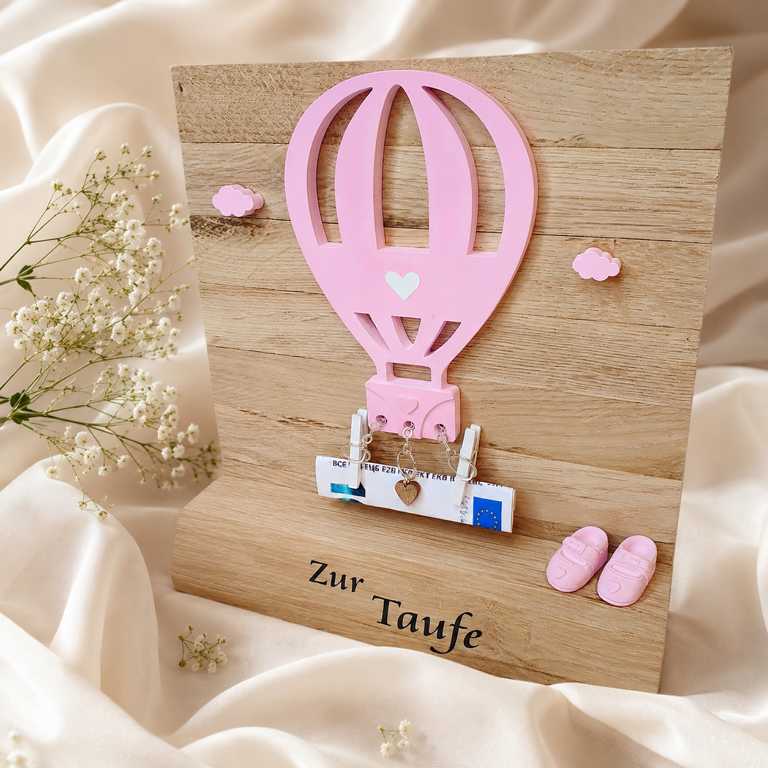 Personalisiertes Geldgeschenk zur Taufe aus Holz mit Pinkem Heißluftballon und Wunschname für Mädchen
