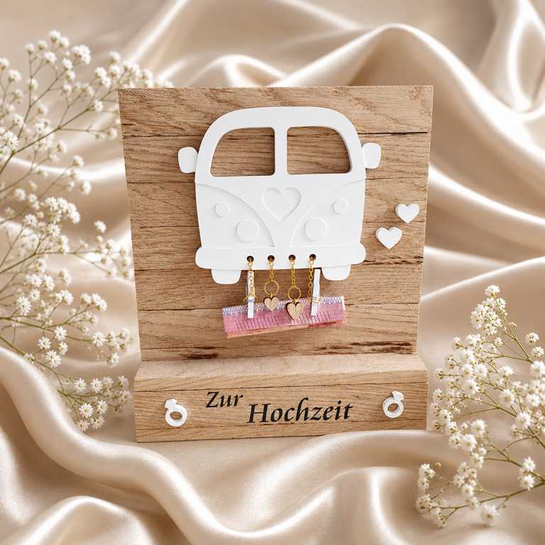 Personalisiertes Hochzeitsgeschenk aus Holz mit Namen und Geldgeschenk