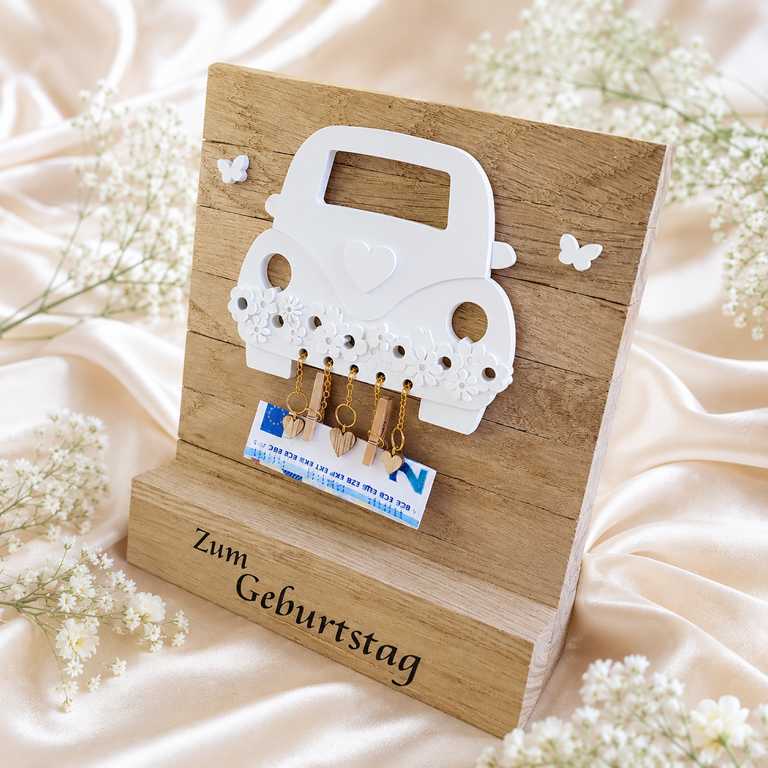 Personalisiertes Geldgeschenk zum Geburtstag aus Eichenholz mit Name