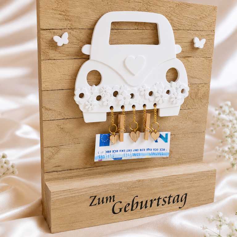 Personalisiertes Geldgeschenk zum Geburtstag aus Eichenholz mit Name