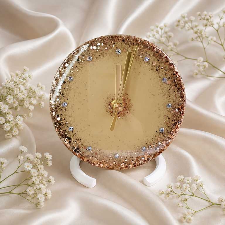 Handgegossene Deko Uhr in Beige mit Goldglitzer