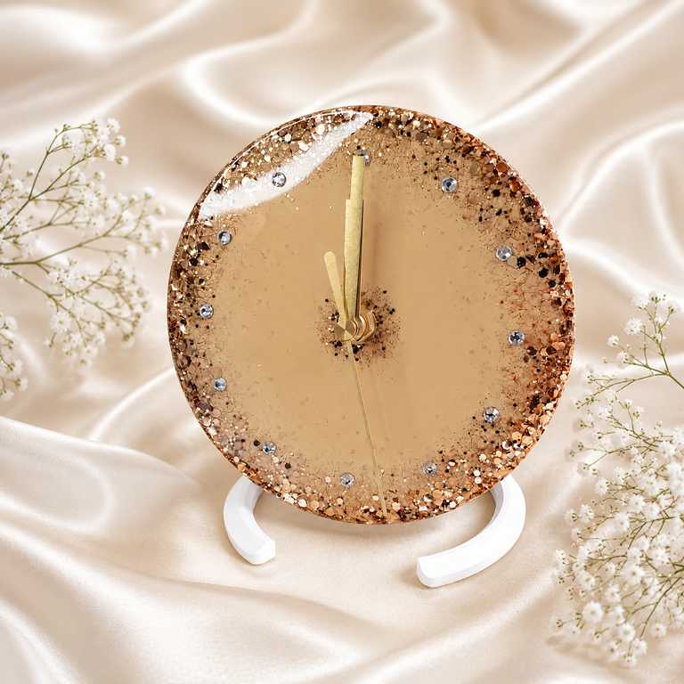 Handgegossene Deko Uhr in Beige mit Goldglitzer