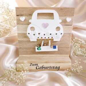Personalisiertes Geburtstagsgeschenk aus Holz mit Auto als Geldgeschenk zum Geburtstag