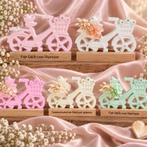 Deko-Fahrrad aus Keramik mit Blumen auf Eichenholz-Sockel