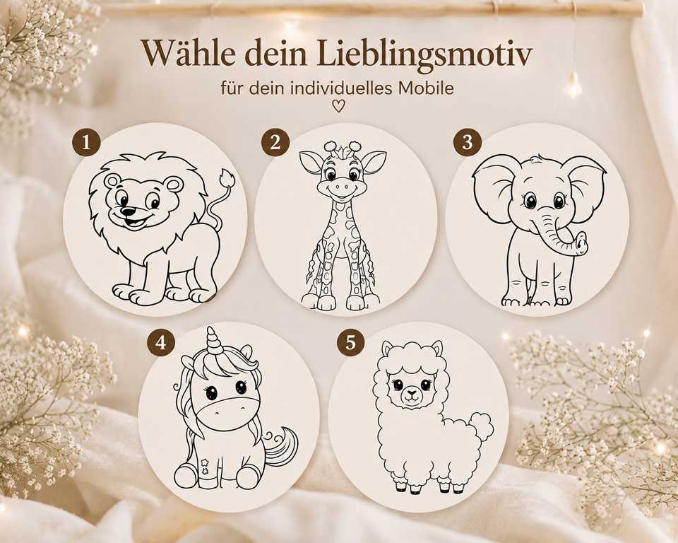 Mobile-Motive mit verschiedenen niedlichen Tiermotiven zur individuellen Gestaltung eines Baby-Mobiles