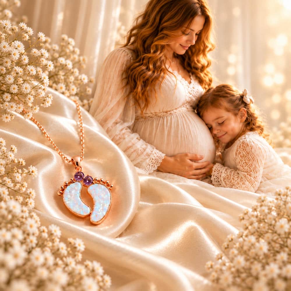 Muttermilchschmuck Halskette mit Babyfüßen und Geburtsstein von Jessis Deko Design