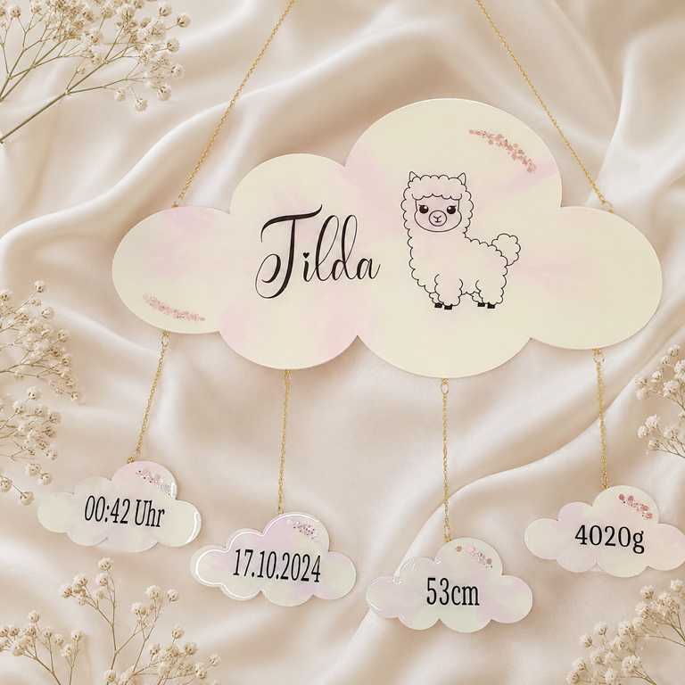 Personalisiertes Wolken Mobile/Wandaufhänger mit Geburtsdaten - Geschenk zur Geburt